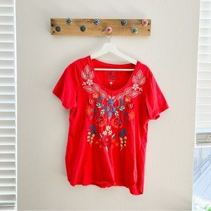 Johnny Was | Red Floral Embroidered Short Sleeve Boho Blouse Large Scoop Neck